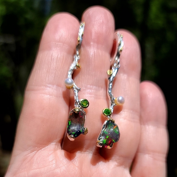 RAW black Opal chrome Diopside pearl & citrine sterling vine earrings - Picture 12 of 13